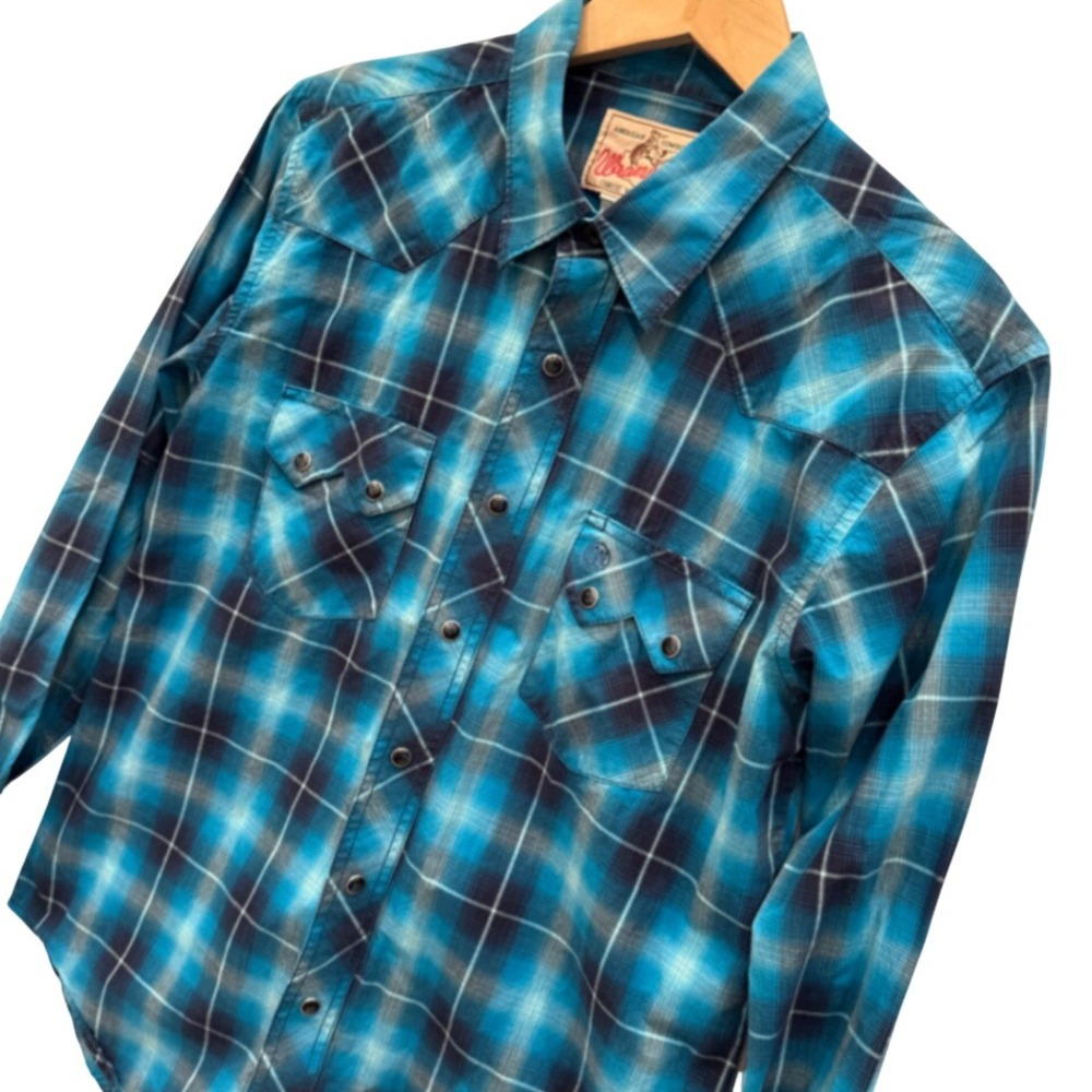 Wrangler Mens Blue Plaid Western Pearl Snap Cowboy Long Sleeve Shirt Size Medium
